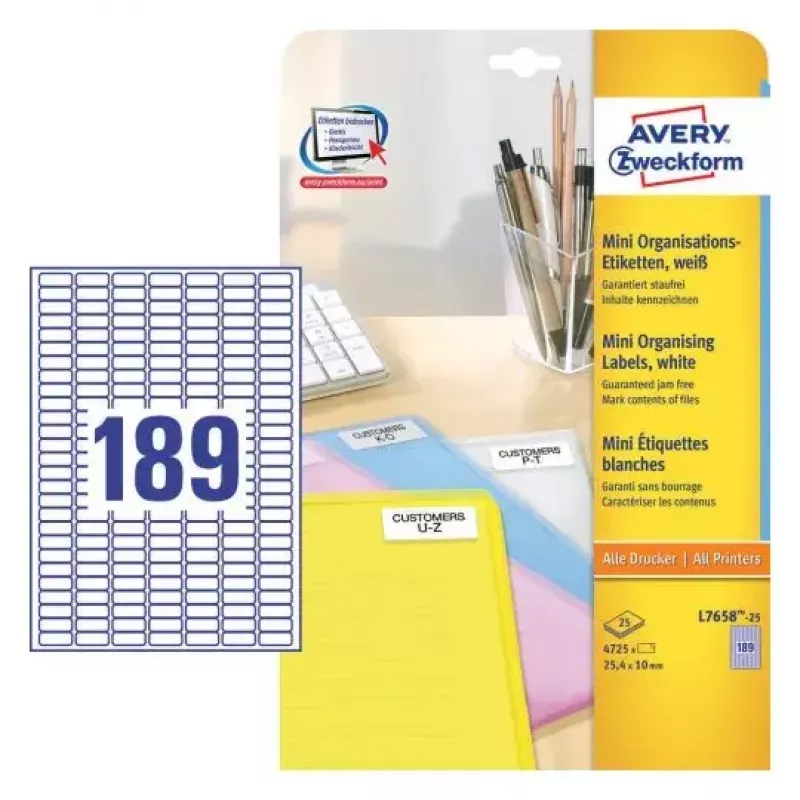 Lipnūs etikečių lapai Avery L7658-25, 4725 vnt., 25 lapų