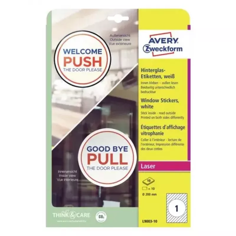 Avery L9003-10 lipdukai langams, savilipti, balti, A4, 10 vnt.