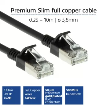 ACT Black 2 metrų LSZH U/FTP CAT6A plonas duomenų centro pataisinis kabelis su apsauga nuo užsikabinimo ir RJ45 jungtimis