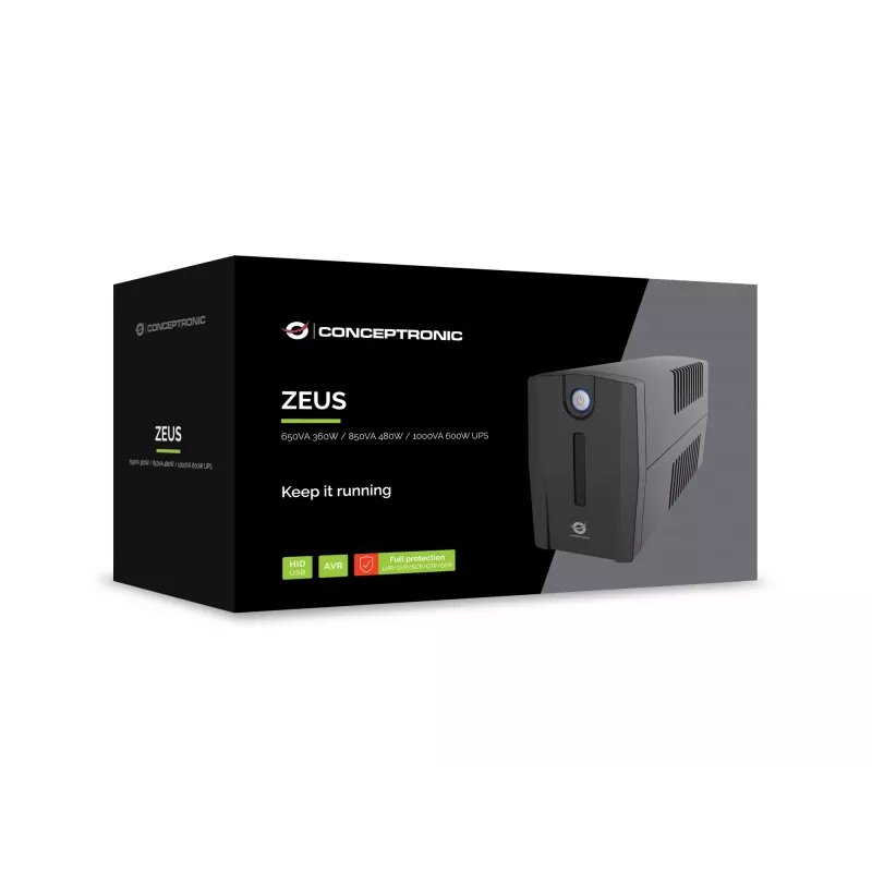 Conceptronic ZEUS02G 850VA 480W nepertraukiamo maitinimo šaltinis (UPS), 2x JK lizdai, HID USB, RJ45 įėjimas/išėjimas, AVR