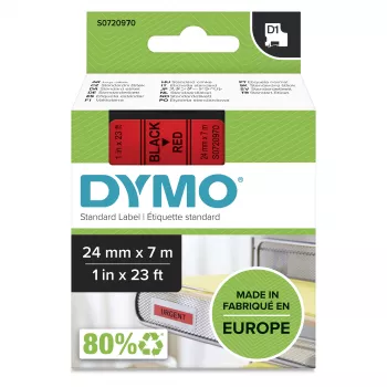 DYMO autentiškos D1 etiketės | 24 mm x 7 m ritinys | juodas spausdinimas ant raudono | lipnios etiketės LabelManager etikečių spausdintuvams