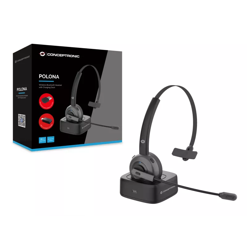Conceptronic POLONA Belaidė Bluetooth ausinė su įkrovimo stotele ir Bluetooth USB garso adapteriu