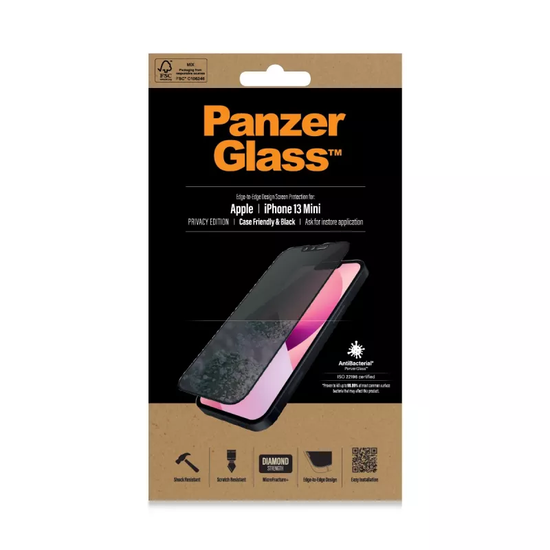 PanzerGlass privatumo ekrano apsauga Apple iPhone 13 Mini nuo krašto iki krašto, atspari įbrėžimams ir smūgiams