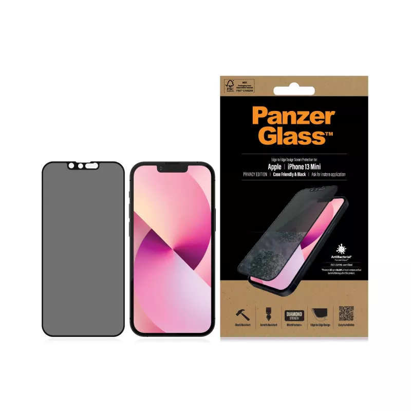 PanzerGlass privatumo ekrano apsauga Apple iPhone 13 Mini nuo krašto iki krašto, atspari įbrėžimams ir smūgiams