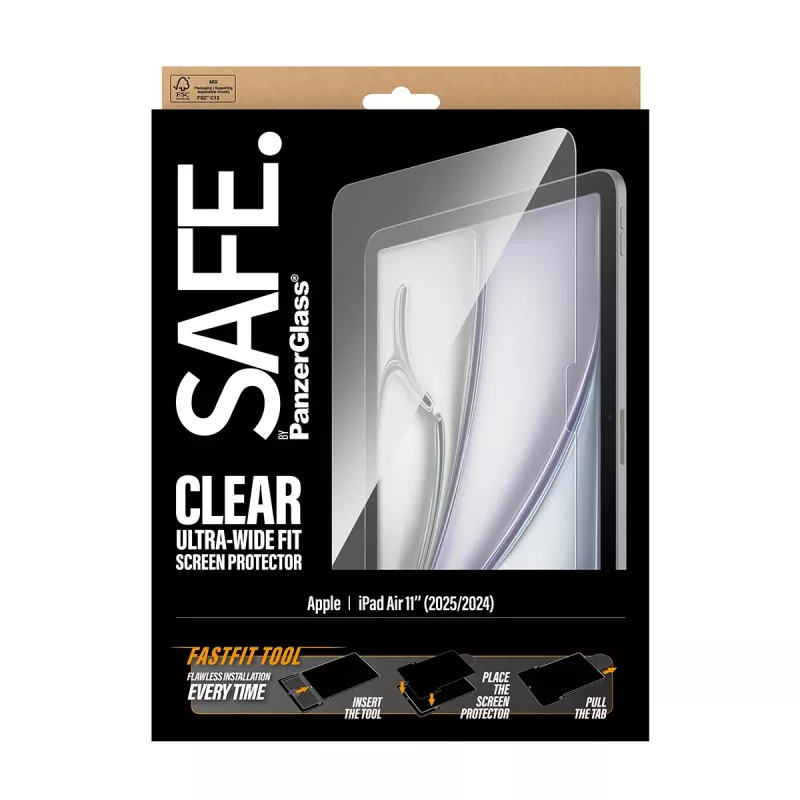 PanzerGlass SAFE.® Screen Protector iPad Air 11 colių (2024-2026) | Ultra-Wide Fit su Fastfit įrankiu