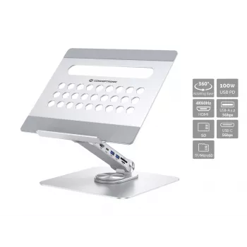 Conceptronic DONN27G, stovas nešiojamam kompiuteriui, sidabrinis, aliuminis, 360°, USB 3.2 Gen 1 (3.1 Gen 1) Type-C, 5000 Mbit/s