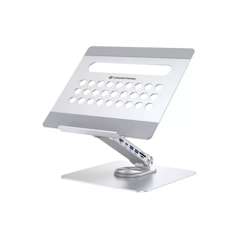 Conceptronic DONN27G, stovas nešiojamam kompiuteriui, sidabrinis, aliuminis, 360°, USB 3.2 Gen 1 (3.1 Gen 1) Type-C, 5000 Mbit/s