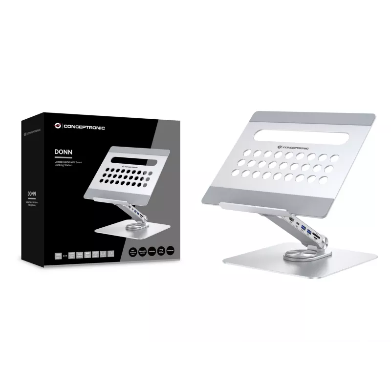 Conceptronic DONN27G, stovas nešiojamam kompiuteriui, sidabrinis, aliuminis, 360°, USB 3.2 Gen 1 (3.1 Gen 1) Type-C, 5000 Mbit/s