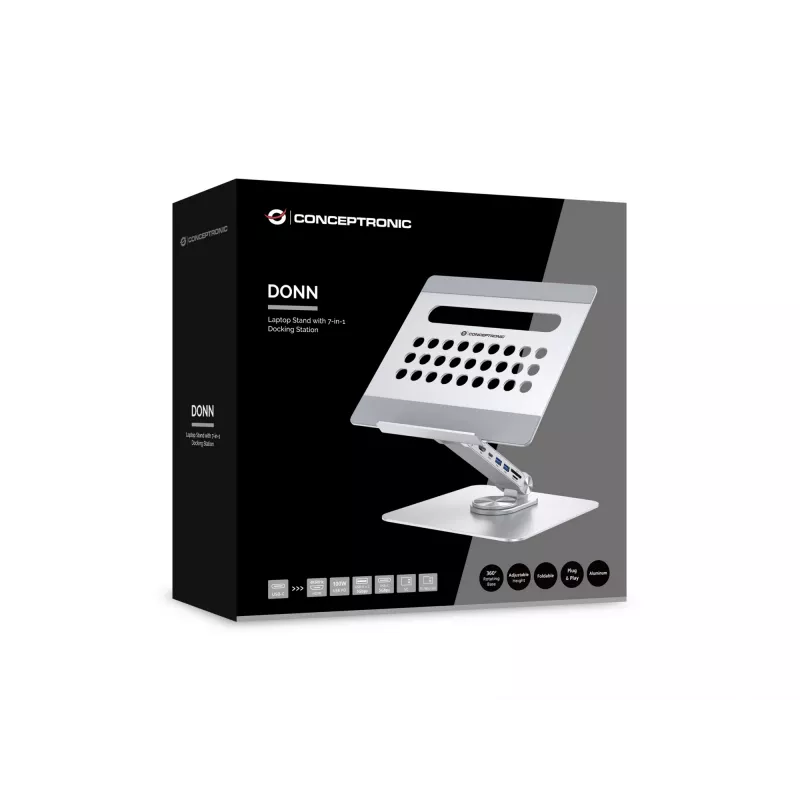 Conceptronic DONN27G, stovas nešiojamam kompiuteriui, sidabrinis, aliuminis, 360°, USB 3.2 Gen 1 (3.1 Gen 1) Type-C, 5000 Mbit/s