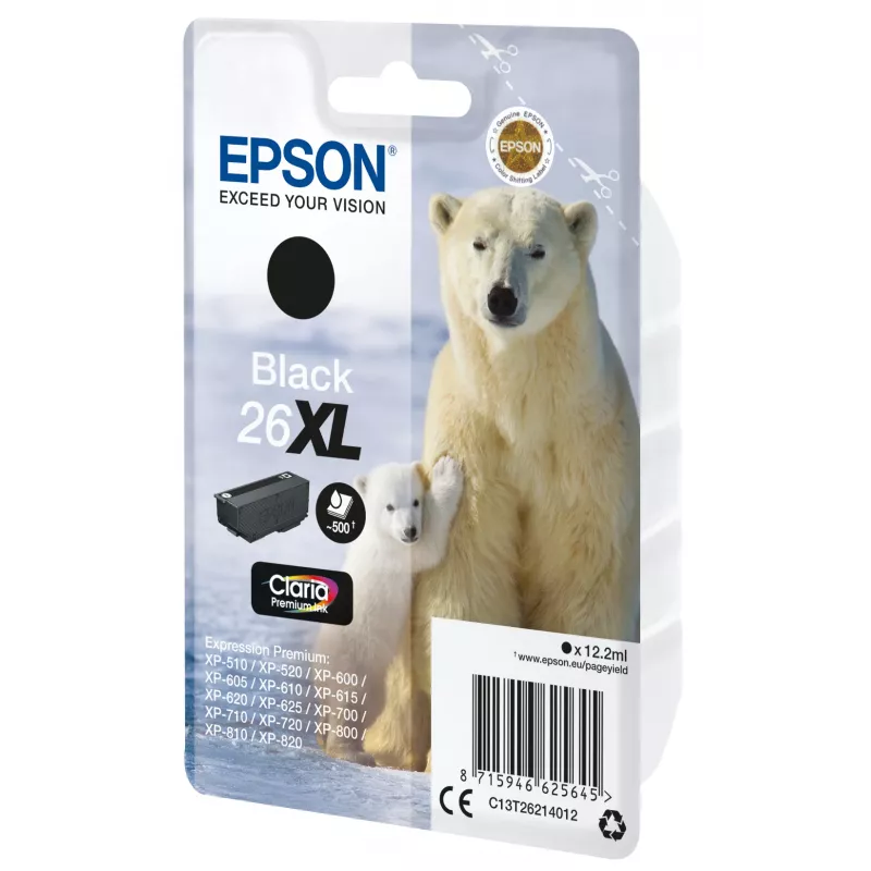 Epson 26XL Claria Premium rašalo kasetė, juoda, didelės talpos (XL), pigmentinis rašalas, 12,2 ml, 1 vnt., 500 puslapių