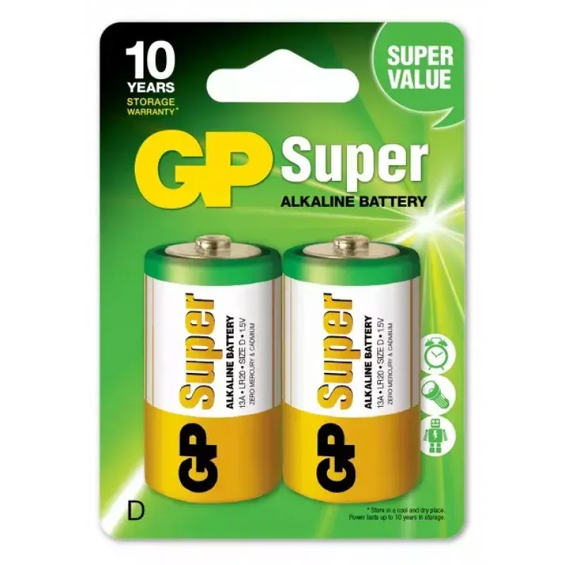 GP Batteries Super Alkaline 5501 šarminė baterija D dydžio, 2 vnt. pakuotė