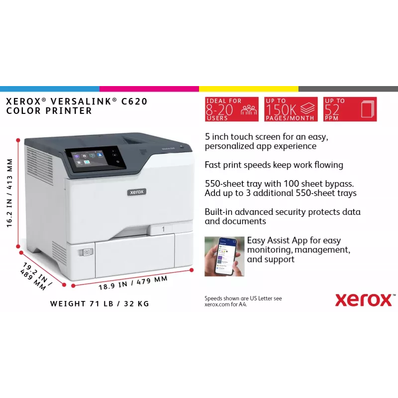 Xerox VersaLink C620 A4 50ppm Dvipusis spausdintuvas PS3 PCL5e/6 2 padėklai 650 lapų