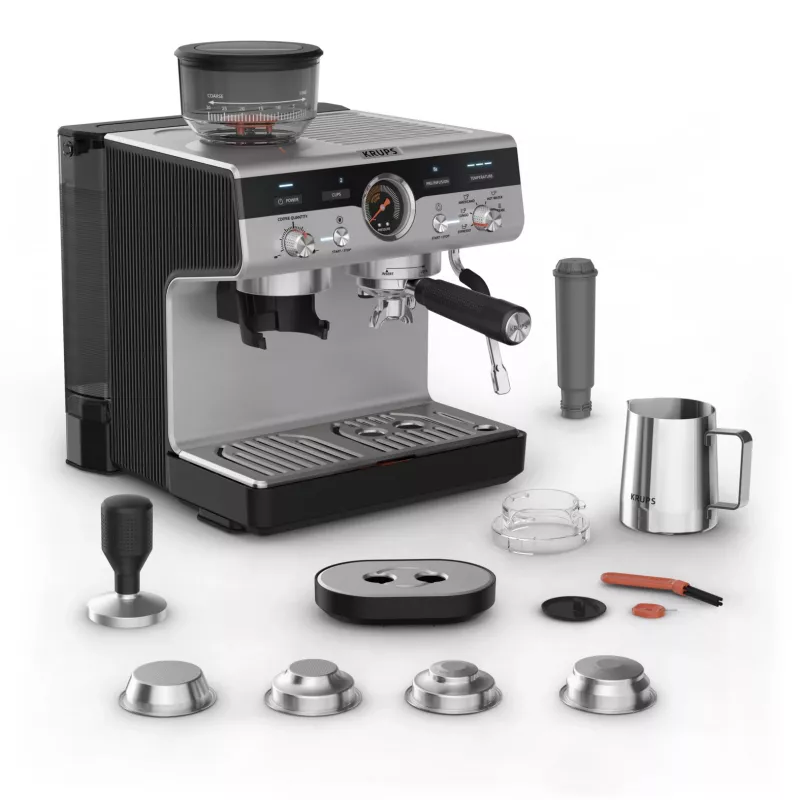 Pusiau automatinis espresso aparatas KRUPS XP801T su įmontuotu malūnėliu, 3 L vandens talpa, 2 puodelių išėjimu, juodas/nerūdijantis plienas