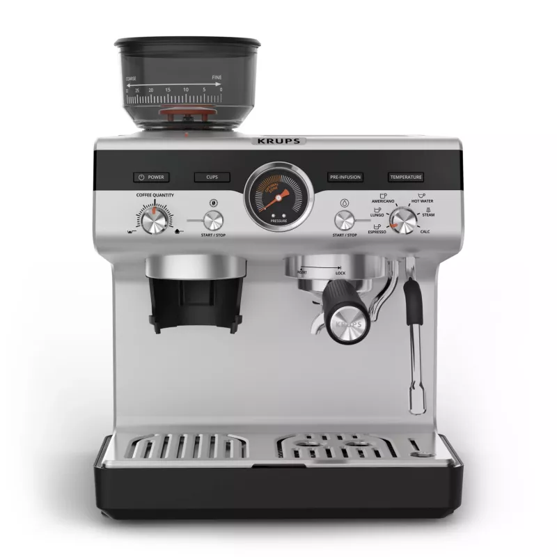 Pusiau automatinis espresso aparatas KRUPS XP801T su įmontuotu malūnėliu, 3 L vandens talpa, 2 puodelių išėjimu, juodas/nerūdijantis plienas