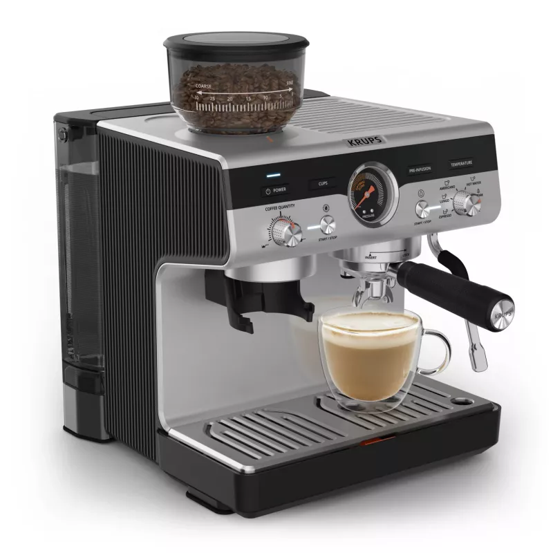 Pusiau automatinis espresso aparatas KRUPS XP801T su įmontuotu malūnėliu, 3 L vandens talpa, 2 puodelių išėjimu, juodas/nerūdijantis plienas