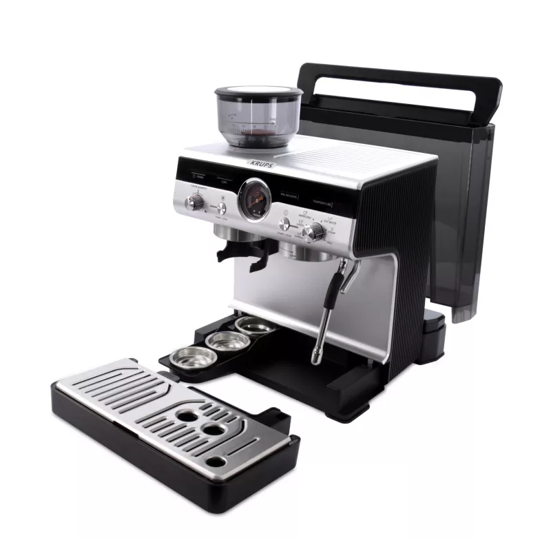Pusiau automatinis espresso aparatas KRUPS XP801T su įmontuotu malūnėliu, 3 L vandens talpa, 2 puodelių išėjimu, juodas/nerūdijantis plienas