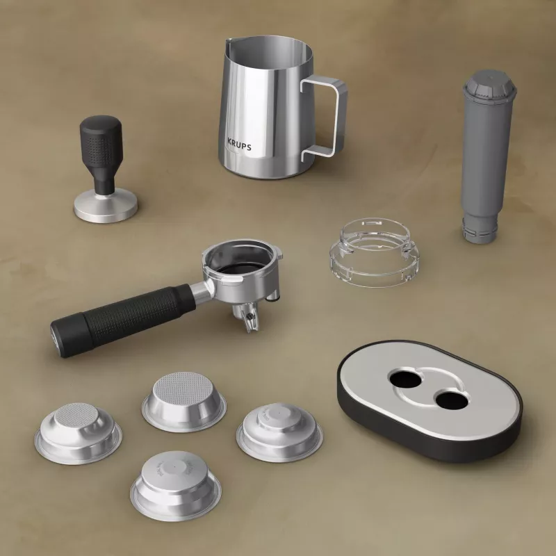 Pusiau automatinis espresso aparatas KRUPS XP801T su įmontuotu malūnėliu, 3 L vandens talpa, 2 puodelių išėjimu, juodas/nerūdijantis plienas