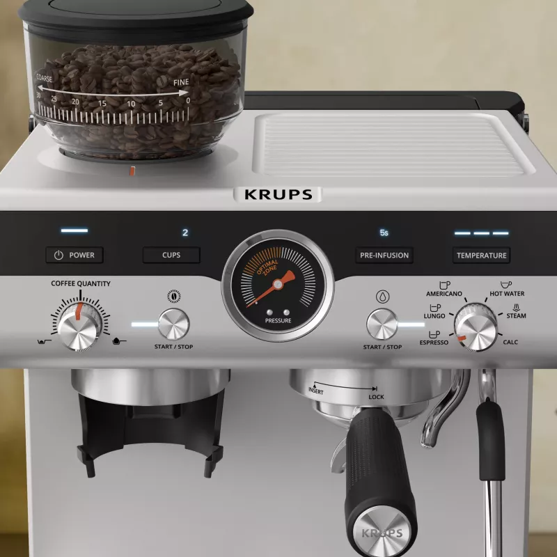 Pusiau automatinis espresso aparatas KRUPS XP801T su įmontuotu malūnėliu, 3 L vandens talpa, 2 puodelių išėjimu, juodas/nerūdijantis plienas