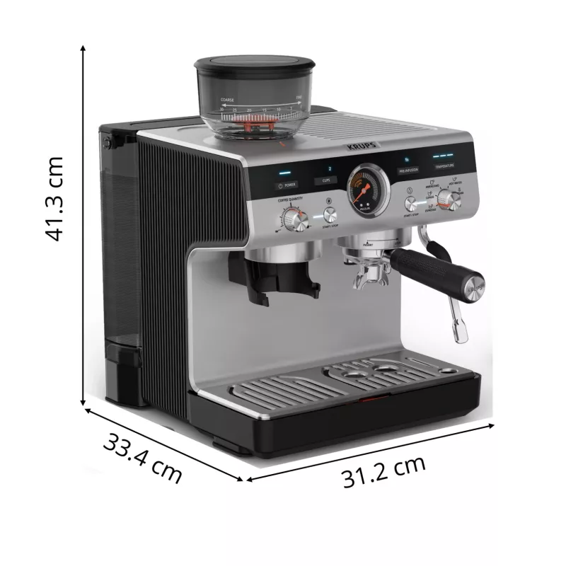 Pusiau automatinis espresso aparatas KRUPS XP801T su įmontuotu malūnėliu, 3 L vandens talpa, 2 puodelių išėjimu, juodas/nerūdijantis plienas