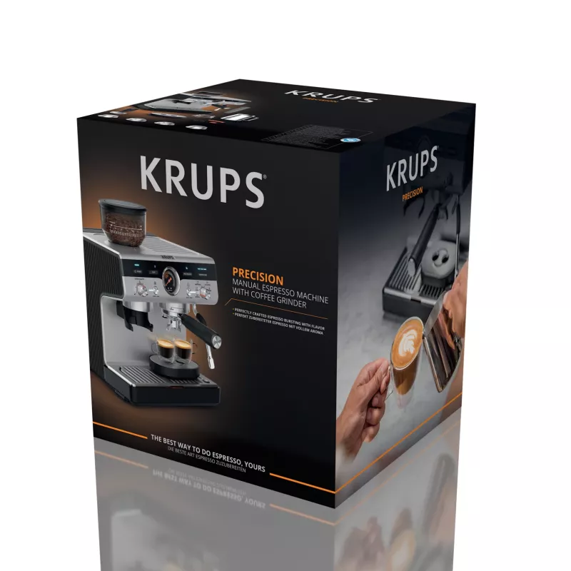 Pusiau automatinis espresso aparatas KRUPS XP801T su įmontuotu malūnėliu, 3 L vandens talpa, 2 puodelių išėjimu, juodas/nerūdijantis plienas