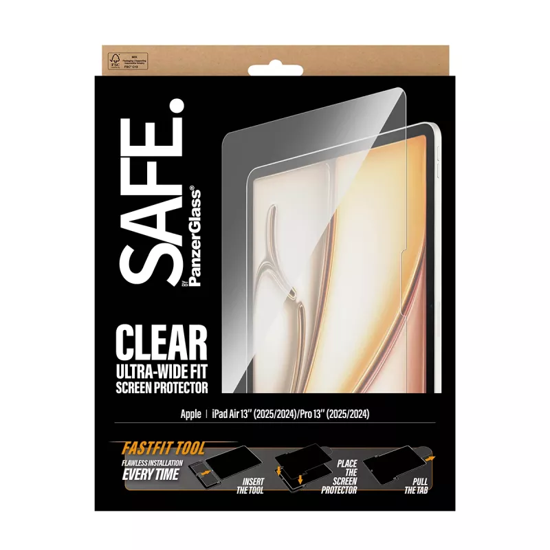PanzerGlass SAFE. apsauginis stiklas iPad Air 13 colių (2024-2026) | Pro 13 colių (2024-2025) | Ultra-Wide Fit su Fastfit įrankiu