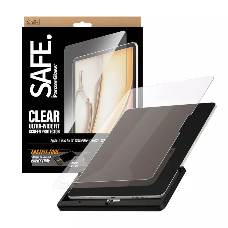 PanzerGlass SAFE. apsauginis stiklas iPad Air 13 colių (2024-2026) | Pro 13 colių (2024-2025) | Ultra-Wide Fit su Fastfit įrankiu