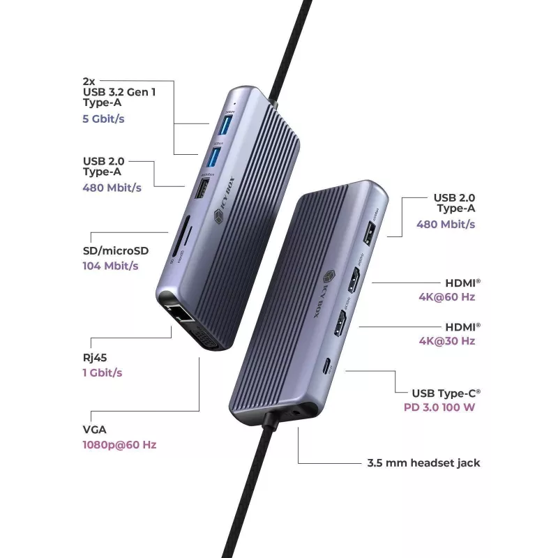 ICY BOX IB-DK4062-CPD Laipiojimo stotelė USB 3.2 Gen 1 (3.1 Gen 1) Type-C, 12 prievadų, antracitinė
