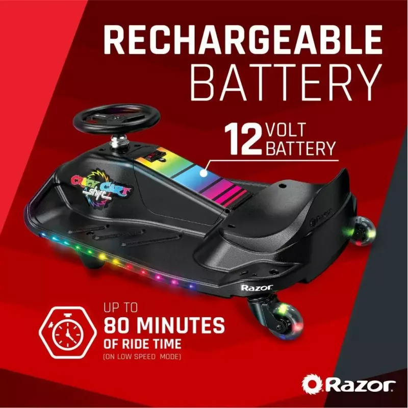 Elektrinis drift kartas Razor CRAZY CART Shift Lightshow – įkraunama ličio baterija, LED šviesų šou, 13 km/h, 40 min