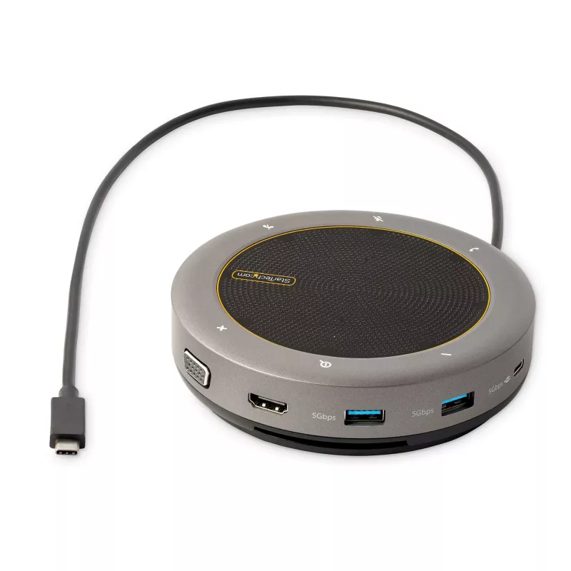 „StarTech.com“ USB-C garsiakalbio ir dokų stotelė su konferenciniu garsiakalbiu, USB-C į VGA/4K HDMI, 2x USB-A šakotuvu, mikrofonu/garsiakalbiu, skirta „Teams“/„Zoom“/programiniams telefonams