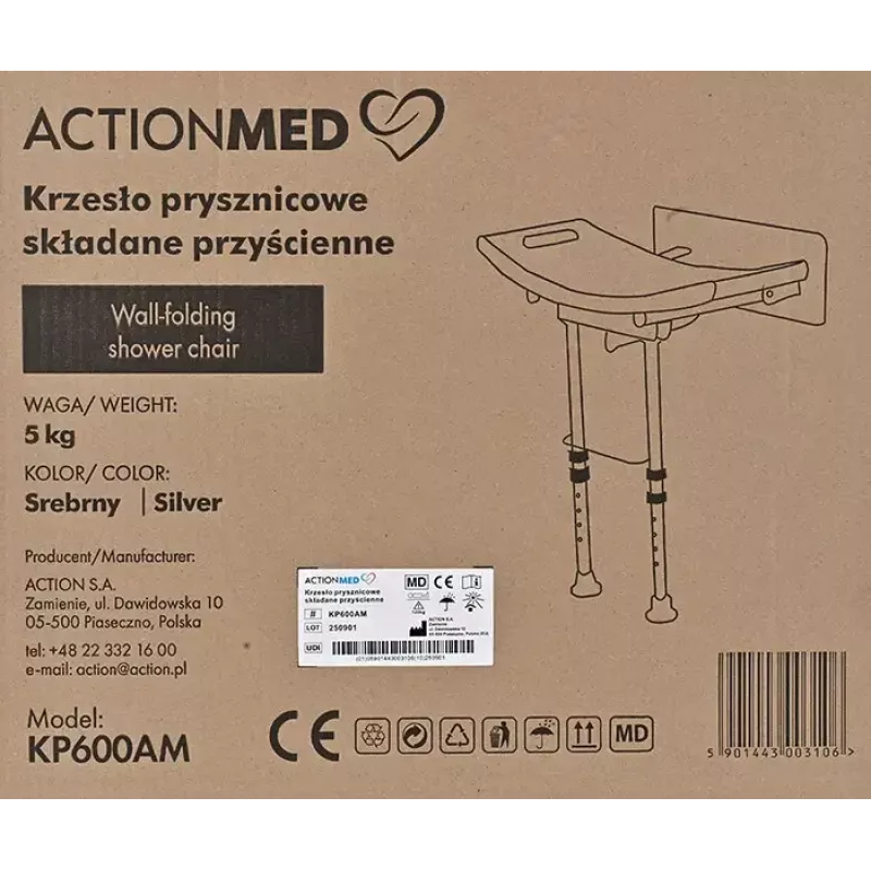 Sieninė sulankstoma dušo kėdė ActionMed KP600AM – balta, ergonomiška sėdynė, reguliuojamos neslystančios kojelės, 3 kg