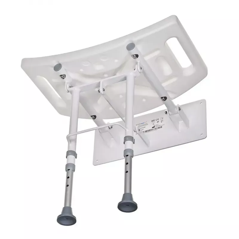 Sieninė sulankstoma dušo kėdė ActionMed KP600AM – balta, ergonomiška sėdynė, reguliuojamos neslystančios kojelės, 3 kg