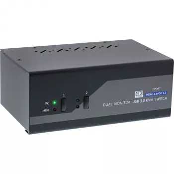 InLine KVM stalinis jungiklis, 2 prievadai, du monitoriai, DP+HDMI, 4K, USB 3.0, garsas