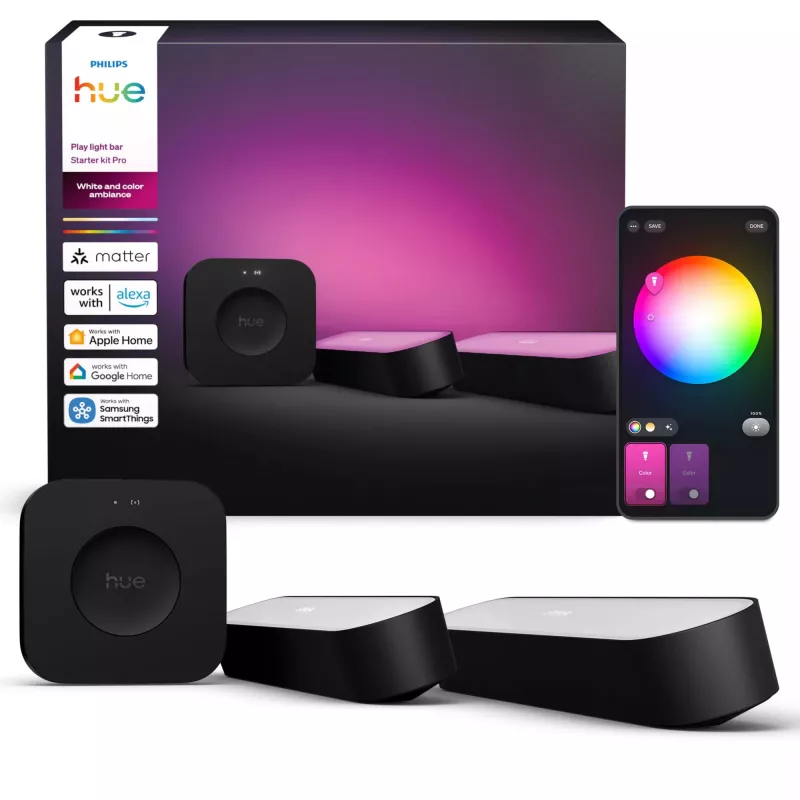 Philips Hue Play šviesos juostų pradinis rinkinys — 2 Play šviesos juostos + Hue Bridge Pro, Bluetooth, juoda, C tipo kištukas