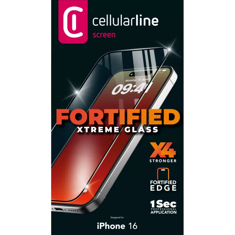 Cellularline Fortified Xtreme Glass iPhone 16 – itin tvirtas grūdintas stiklas su sustiprintais kraštais