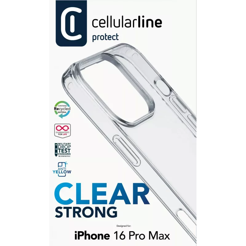 Cellularline Clear Protect - iPhone 16 Pro Max kietas dėklas su guminiais kraštais