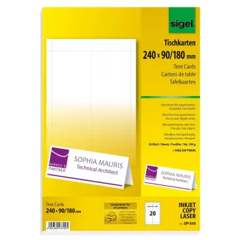 Sigel DP050 stalo kortelės, 240 x 90 mm, 185 g/m², grynai baltos, 20 vnt.