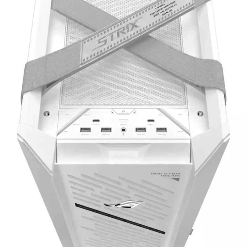 ASUS ROG Strix Helios II Midi Tower baltas – korpusas EATX/ATX/Micro-ATX/Mini-ITX, 3×140mm priekyje + 1×140mm gale, 2×3,5 colio + 4×2,5 colio vietos, grūdintas stiklas