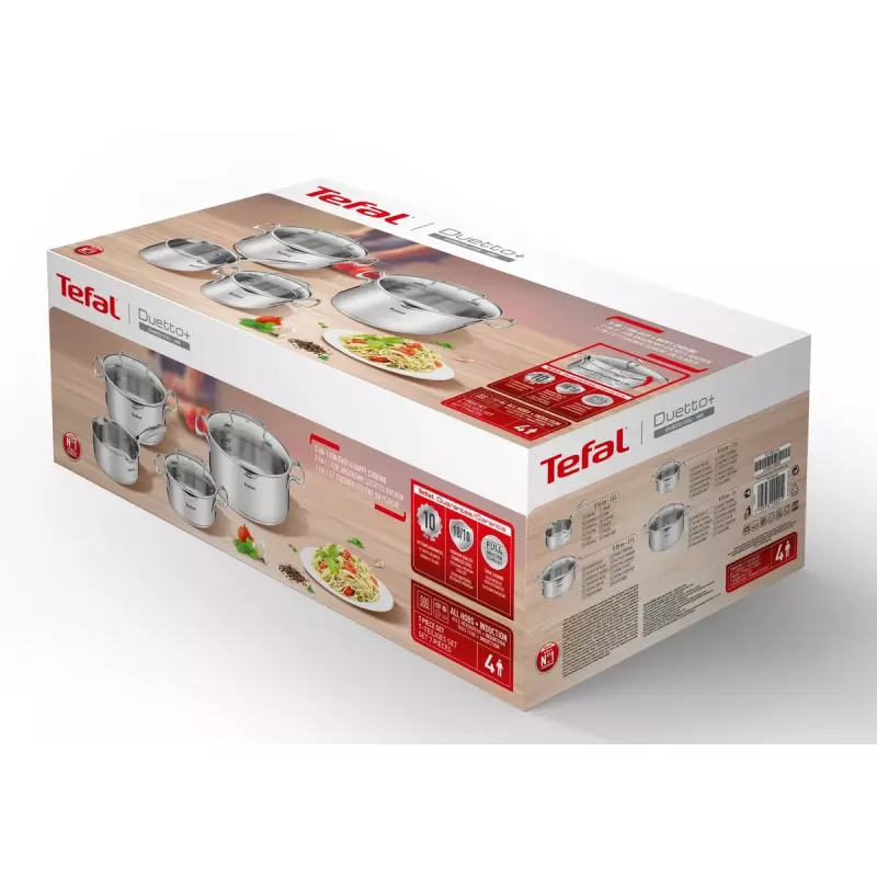 Puodų rinkinys Tefal Duetto+ G719S7, nerūdijantis plienas, 7 dalių (puodai Ø16/20/24 cm, kaserolis Ø16 cm), indukcinis, dangčiai, atsparus orkaitei iki 250°C