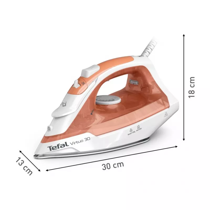 Tefal Virtuo 30 FV2C40E0 lygintuvas sausam ir garų lyginimui, keraminis padas, 2000 W, persikų ir baltos spalvos