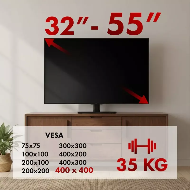 Televizoriaus stovas MACLEAN MC-132 32–55 colių, iki 35 kg, 20° pasukimas, VESA 75x75–400x400