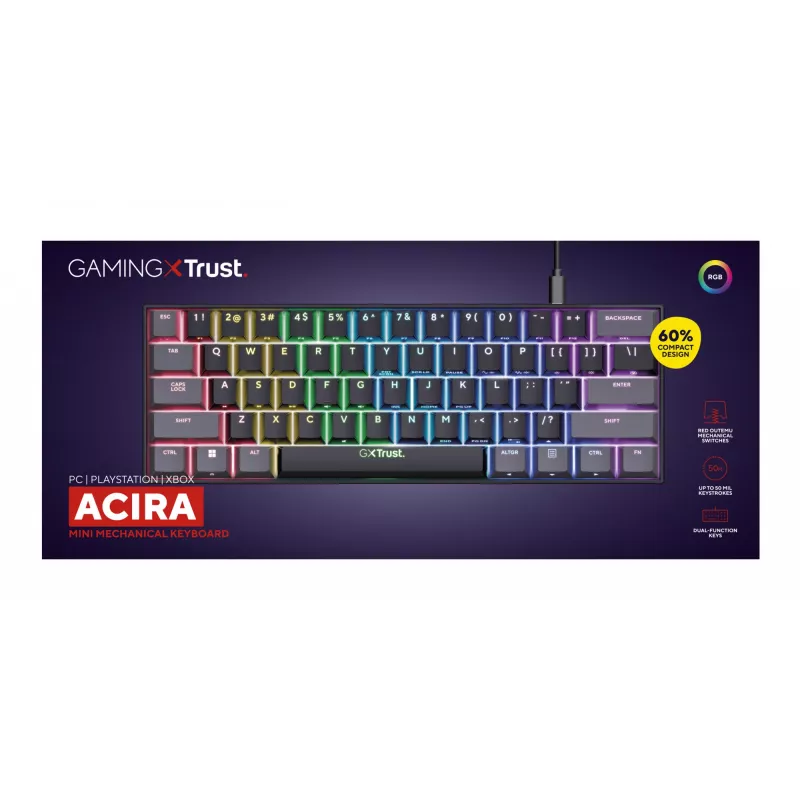 Trust GXT 867 Acira mechaninė žaidimų klaviatūra 60% USB QWERTY juoda