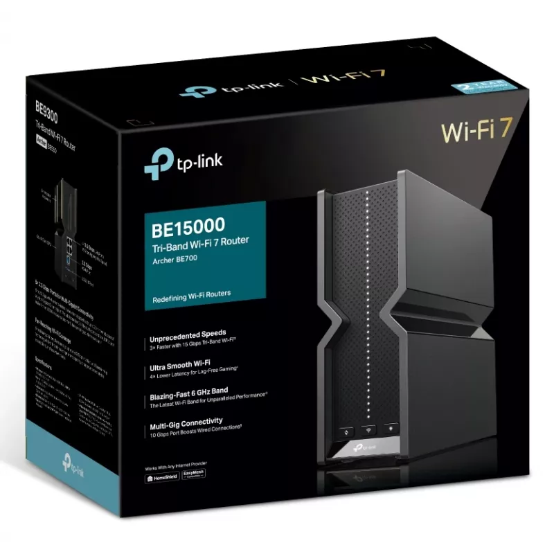 TP-Link Archer BE700 belaidis maršrutizatorius, trijų juostų (2,4 GHz / 5 GHz / 6 GHz), Multi-Gigabit Ethernet, juodas