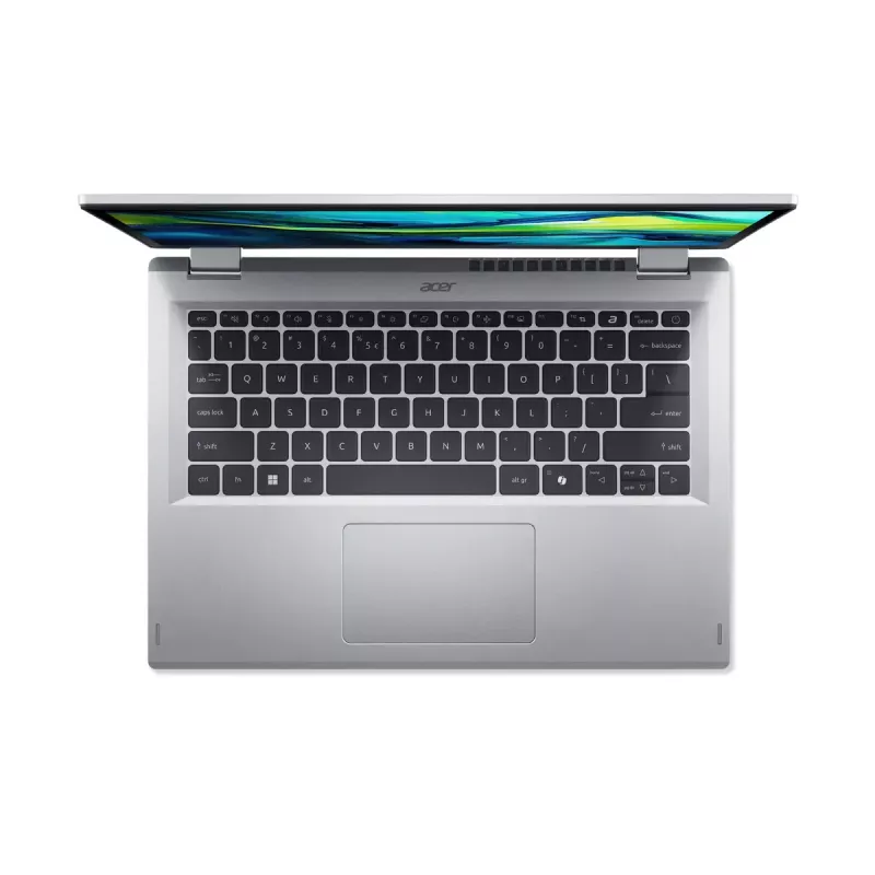Hibridinis (2-in-1) nešiojamasis kompiuteris Acer Aspire Go Spin 14 AGSP14-31PT-C72L — 14 colių WUXGA liečiamasis ekranas, Intel N150, 16 GB LPDDR5, 512 GB SSD, Windows 11 Home, sidabrinis