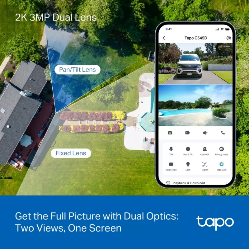 TP-Link Tapo C545D lauko saugumo kamera su dviem objektyvais, PTZ, IP, belaidė ir laidinė, lubų/sienos/stulpo montavimui, balta, sferinė