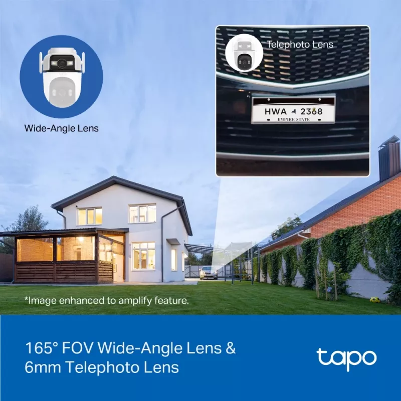 TP-Link Tapo C545D lauko saugumo kamera su dviem objektyvais, PTZ, IP, belaidė ir laidinė, lubų/sienos/stulpo montavimui, balta, sferinė