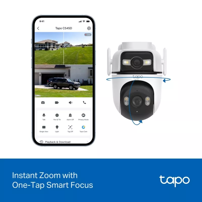 TP-Link Tapo C545D lauko saugumo kamera su dviem objektyvais, PTZ, IP, belaidė ir laidinė, lubų/sienos/stulpo montavimui, balta, sferinė