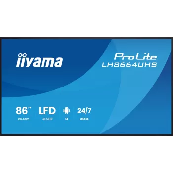 Skaitmeninės reklamos plokščiasis ekranas IIYAMA LH8664UHS-B3AG — 85,6 colio (2,17 m) 3840x2160 4K IPS, 450 cd/m², Wi‑Fi, Android, 24/7, juodas