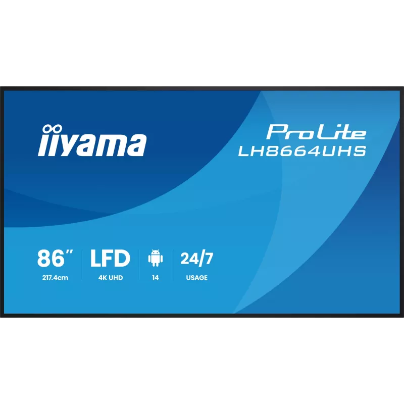 Skaitmeninės reklamos plokščiasis ekranas IIYAMA LH8664UHS-B3AG — 85,6 colio (2,17 m) 3840x2160 4K IPS, 450 cd/m², Wi‑Fi, Android, 24/7, juodas
