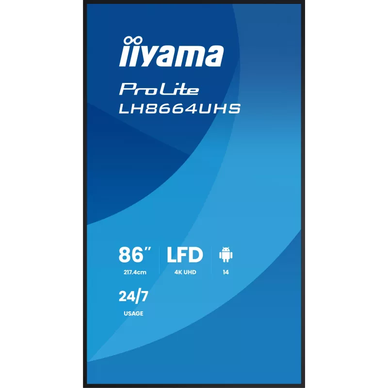 Skaitmeninės reklamos plokščiasis ekranas IIYAMA LH8664UHS-B3AG — 85,6 colio (2,17 m) 3840x2160 4K IPS, 450 cd/m², Wi‑Fi, Android, 24/7, juodas