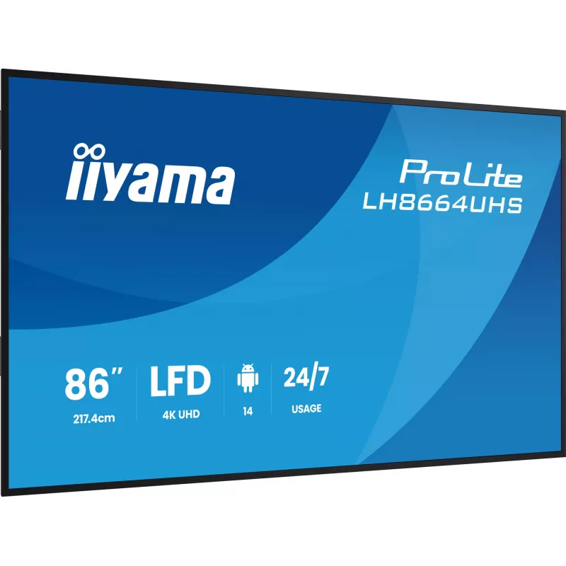 Skaitmeninės reklamos plokščiasis ekranas IIYAMA LH8664UHS-B3AG — 85,6 colio (2,17 m) 3840x2160 4K IPS, 450 cd/m², Wi‑Fi, Android, 24/7, juodas